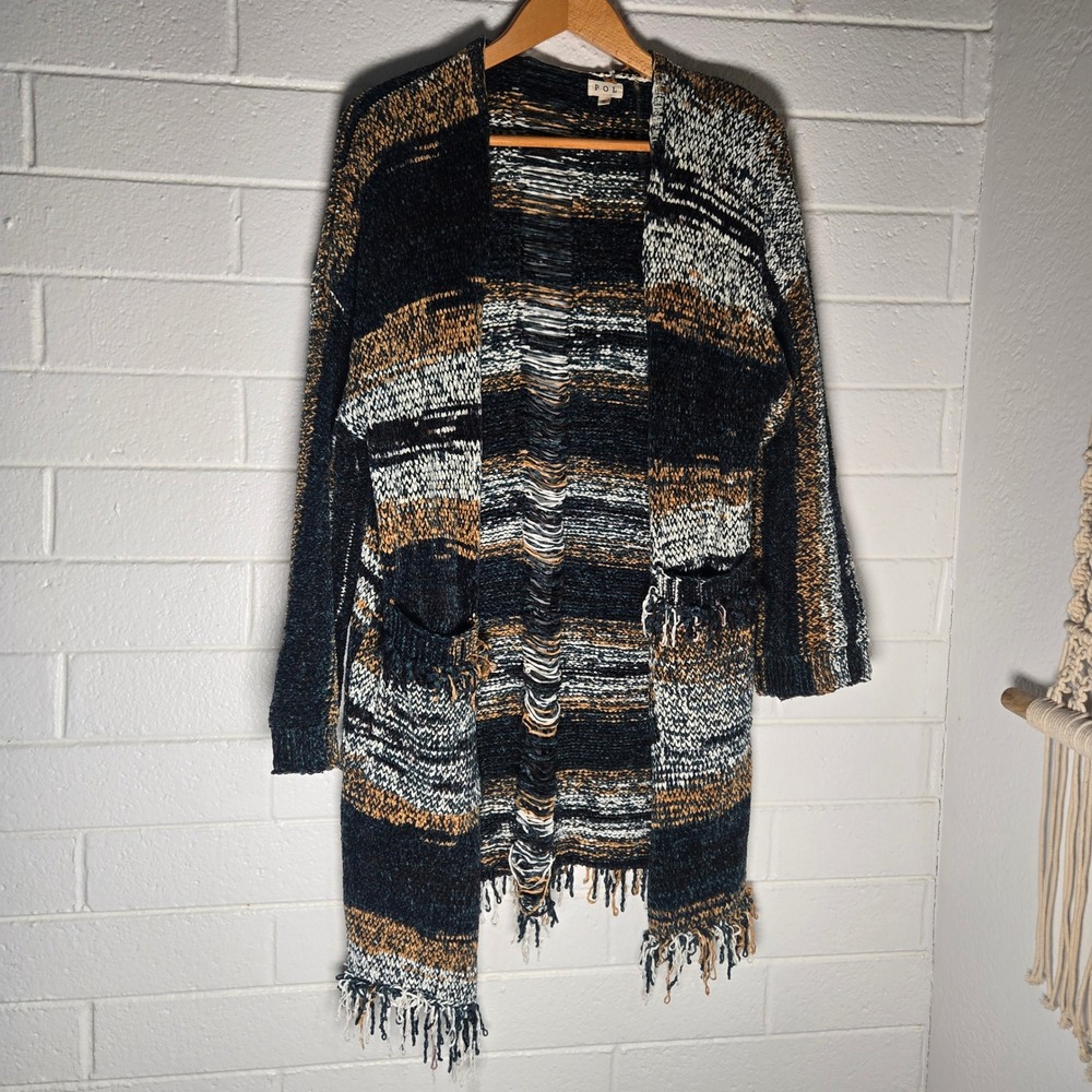 POL Womens Cardigan Sweater Multi Color Striped Fringe Oversized Small Fall Boho